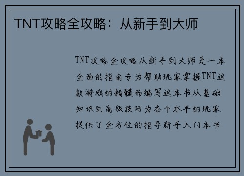 TNT攻略全攻略：从新手到大师