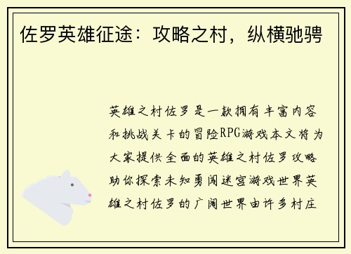 佐罗英雄征途：攻略之村，纵横驰骋