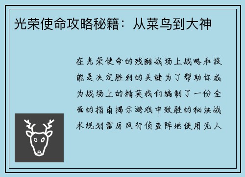 光荣使命攻略秘籍：从菜鸟到大神