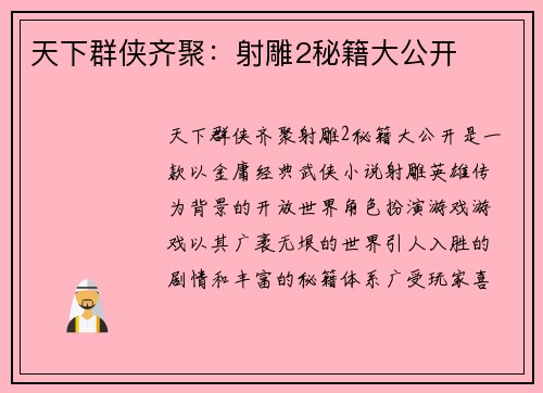 天下群侠齐聚：射雕2秘籍大公开