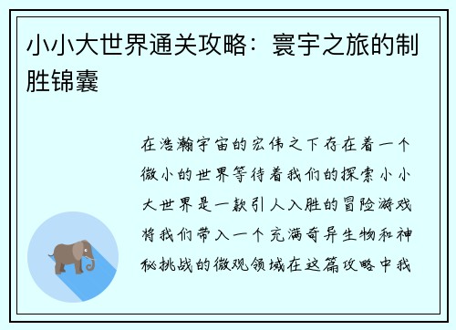 小小大世界通关攻略：寰宇之旅的制胜锦囊
