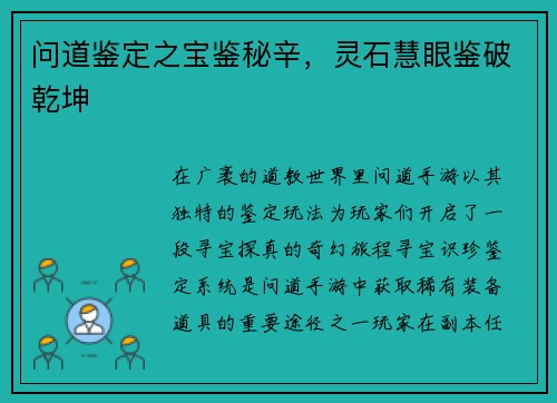 问道鉴定之宝鉴秘辛，灵石慧眼鉴破乾坤