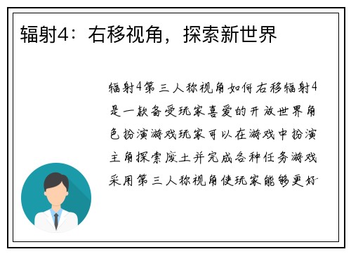 辐射4：右移视角，探索新世界