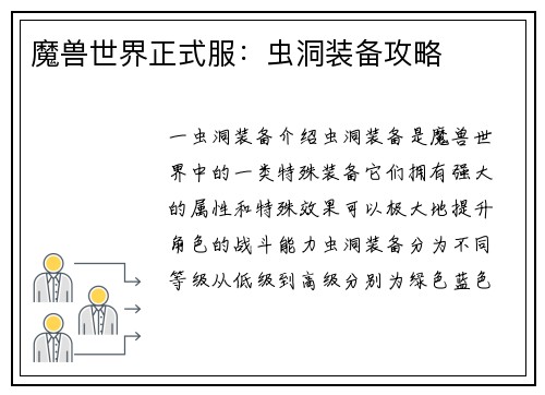 魔兽世界正式服：虫洞装备攻略